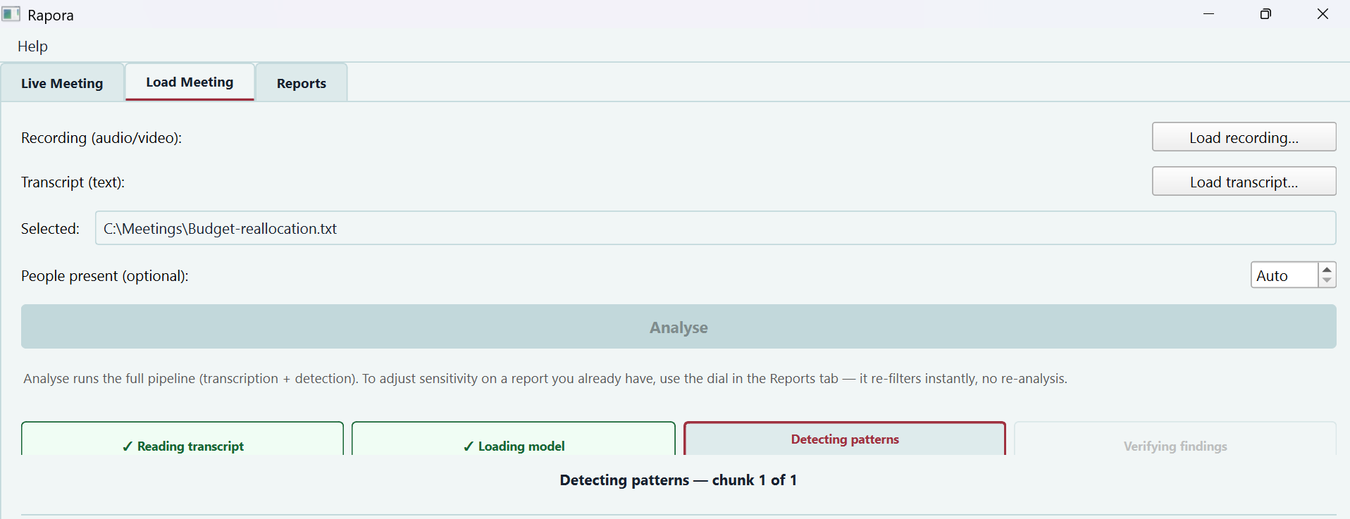 The Rapora desktop window mid-analysis. A transcript file is selected from a local folder, and four stages run left to right: "Reading transcript" and "Loading model" are ticked, "Detecting patterns" is in progress, "Verifying findings" is still to come.