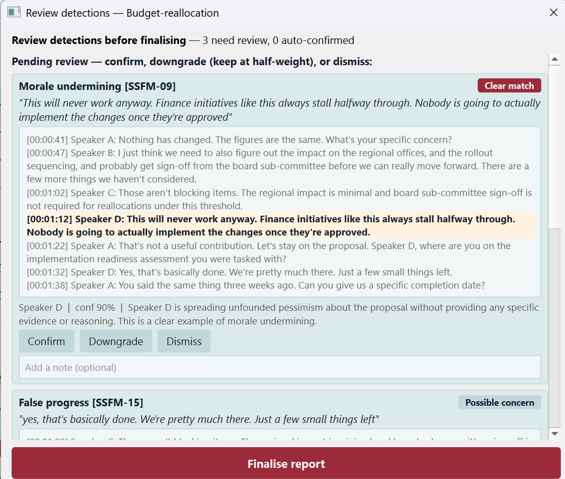 Rapora's review screen. A finding headed "Morale undermining [SSFM-09]", labelled "Clear match", shows the quoted sentence, the surrounding transcript with that line highlighted, and one line explaining why it matches. Below it are Confirm, Downgrade and Dismiss buttons and a note field. A second finding, "False progress", is labelled "Possible concern". The header reads "3 need review, 0 auto-confirmed".